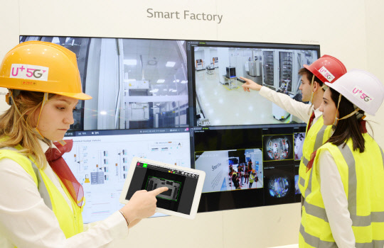 LG유플러스는 26일(현지시간) 스페인 바르셀로나에서 열리는 'MWC 2019'에서 LG전자, LG CNS와 손잡고 5G망 기반의 스마트 팩토리 서비스를 공개한다. 사진은 스페인 바르셀로나 'MWC 2019' 제3홀 내 LG 전시관에서 5G 스마트 팩토리를 시연하는 모습.   LG유플러스 제공